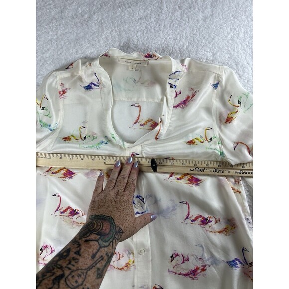 Marc Jacob’s Blouse Womens 4 Sheer Silk Swans Print Chic Career Light Academia - Picture 6 of 11